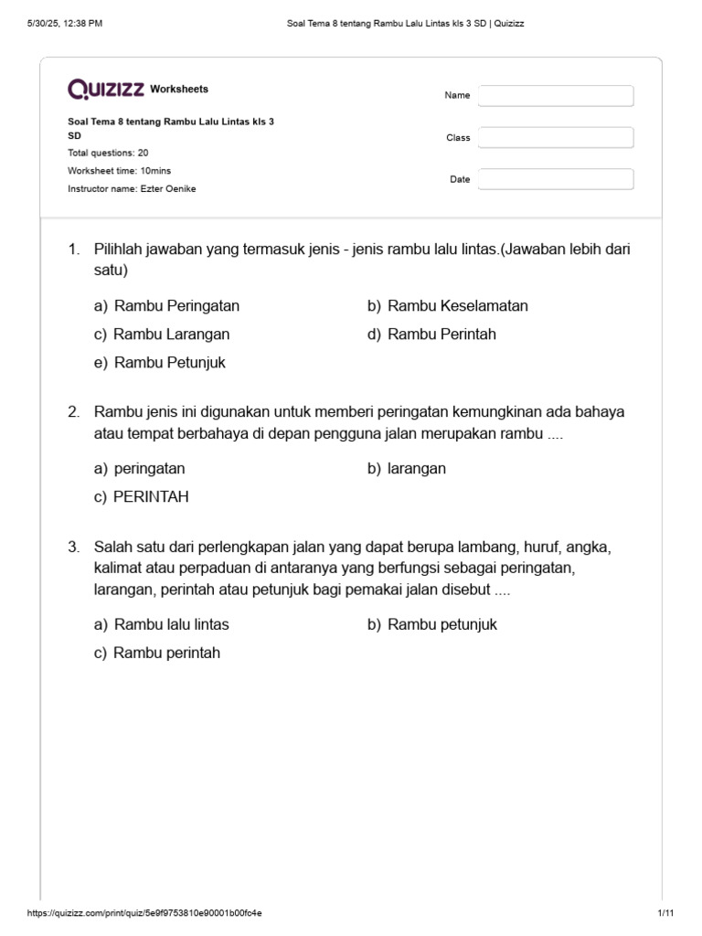 Soal Rambu Lalu Lintas Kelas 3 SD PDF