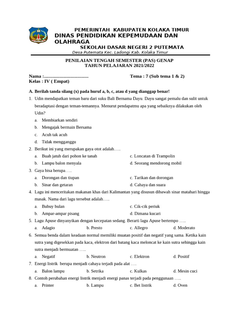 bank soal tema pts kelas 4 bank soal tema pts kelas 4